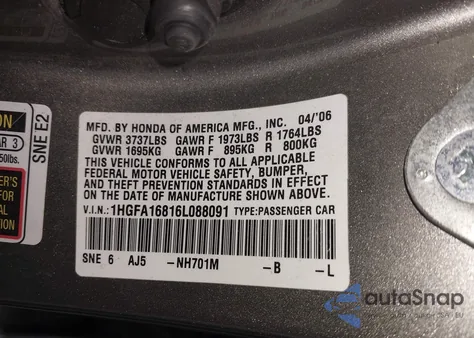 2006 Honda Civic Ex z USA, uszkodzony, nr VIN 1HGFA16816L088091